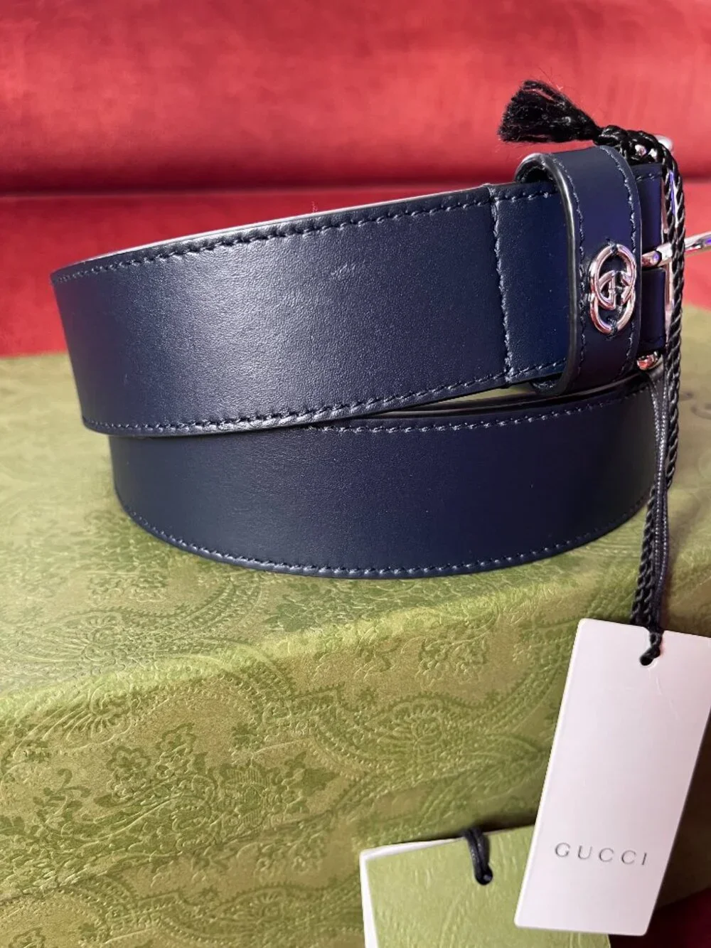 New Gucci Men's Leather Belt Navy Dark Blue Interlocking G detail Size 105 / 41